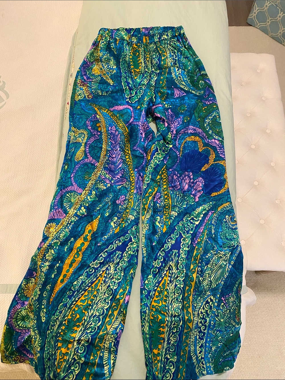 Women's Teal Paisley Wide-Leg Silk Pants